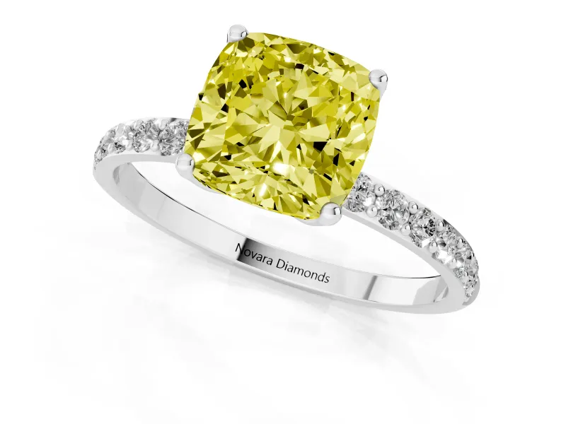 Cushion Cut Pave Solitaire Engagement Ring Setting for a Fancy Yellow Lab-Grown Diamond | Slim Band | Sterling Silver