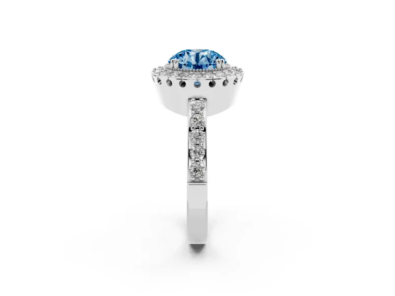 Round Vintage Milgrain Halo Engagement Ring Setting for a Fancy Blue Lab-Grown Diamond | Pierced Gallery | White Gold