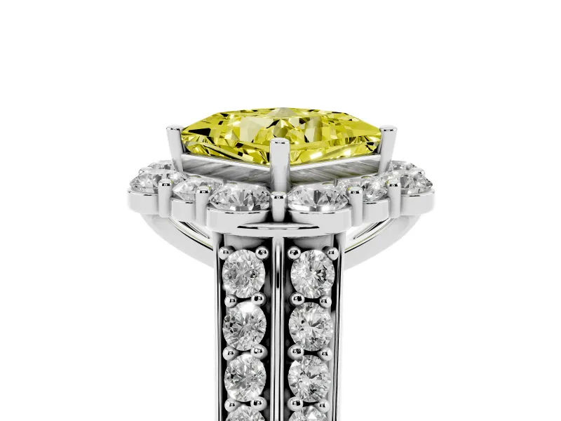 Fancy Yellow Princess Cut Diamond Halo Engagement Ring Set in White gold with Split Shank and Prong Setting