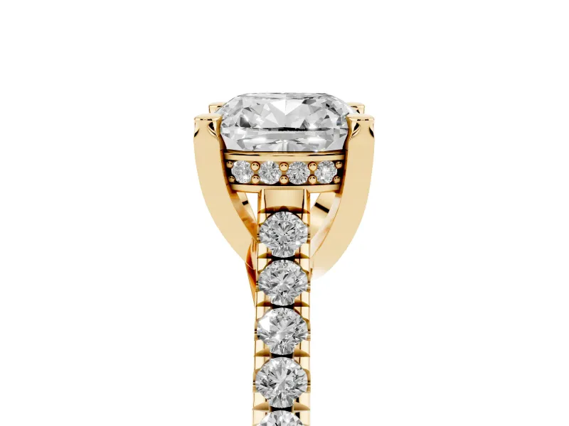 Cushion Cut Hidden Halo Pave Engagement Ring Setting | Claw Prongs | Yellow Gold