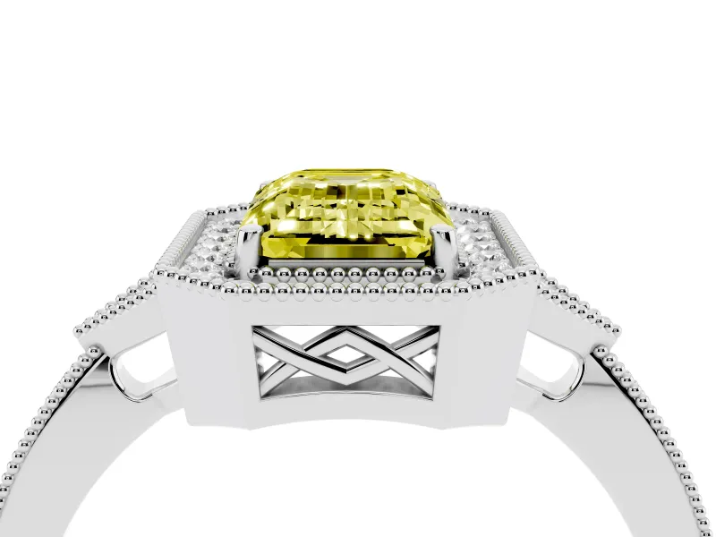 Fancy Yellow Emerald Cut Diamond Halo Engagement Ring Set in Platinum with Milgrain Pavé Band