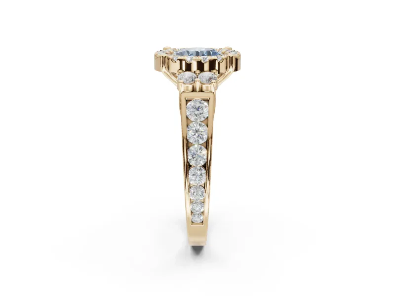 Round Halo Engagement Ring Setting for a Fancy Blue Lab-Grown Diamond | Side Clusters | Yellow Gold