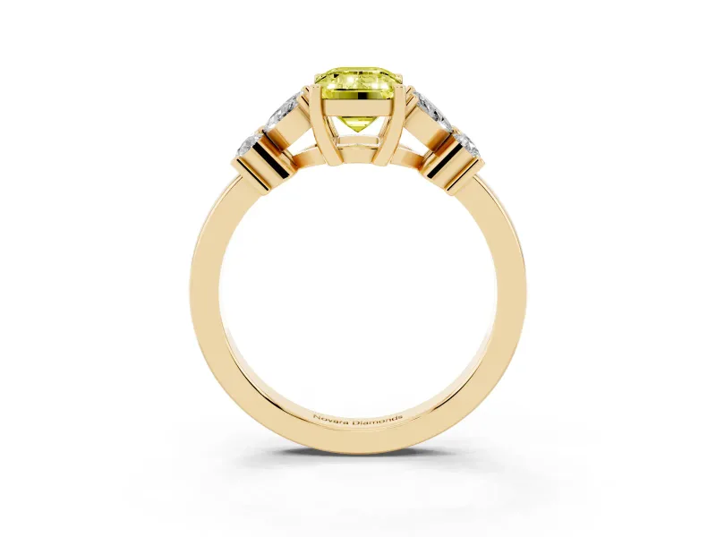 Fancy Yellow Emerald Cut Diamond Floral Cluster Ring Set in Yellow gold with Marquise Petals and Prong Setting