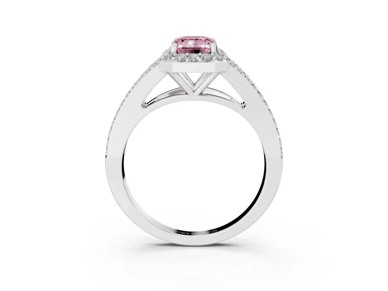 Emerald Cut Halo Engagement Ring Setting for a Fancy Pink Lab-Grown Diamond | V-Split Pavé Band | Sterling Silver