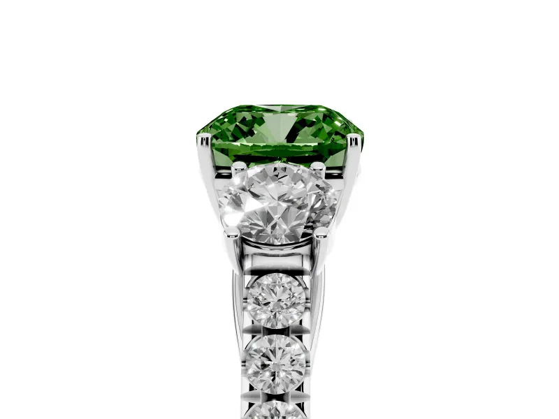 Fancy Green Cushion Cut Diamond Three-Stone Ring Set in Silver with Round Side Stones and Delicate Pavé Band