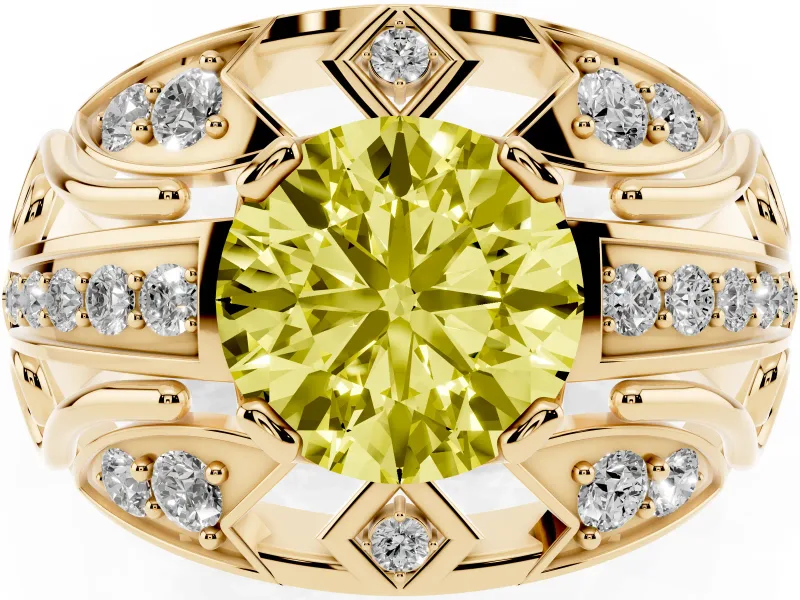 Round Art Deco Graduated Engagement Ring Setting for a Fancy Yellow Lab-Grown Diamond | Yellow Gold