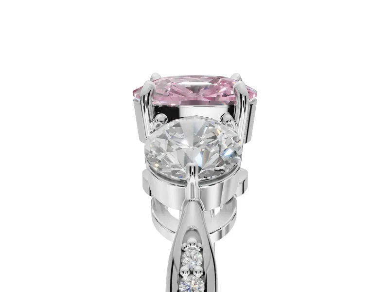Cushion Cut Three Stone Engagement Ring Setting for a Fancy Pink Lab-Grown Diamond | Tapered Pave Band | Platinum