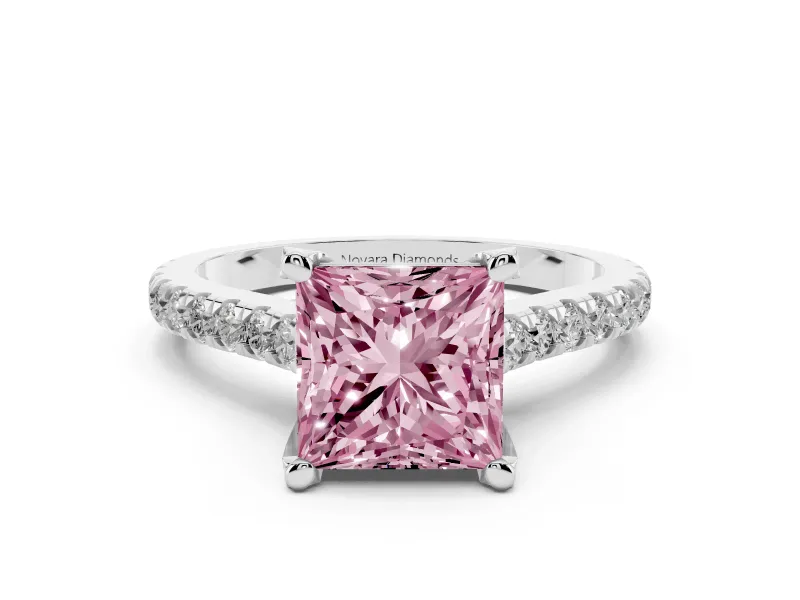 Fancy Pink Princess Cut Diamond Solitaire Ring Set in Platinum with Brilliant Pavé Band and Prong Setting