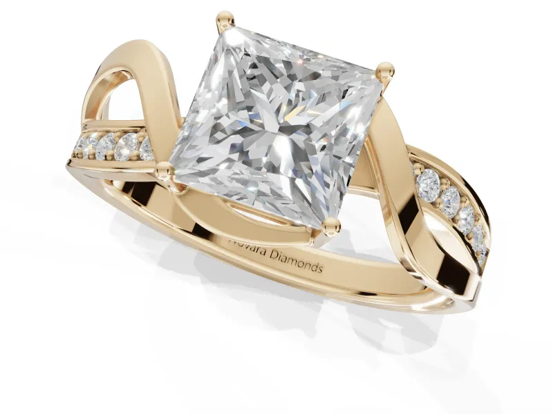 Princess Cut Bypass Solitaire Engagement Ring Setting | Pavé and Plain Strands | Yellow Gold