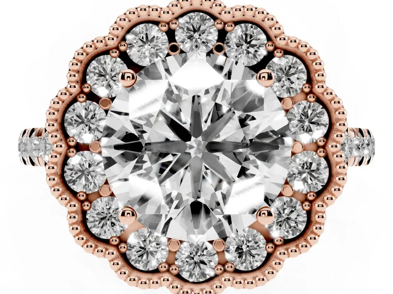 Round Cut Diamond Milgrain Floral Halo Engagement Ring Set in Rose gold with Pavé Band
