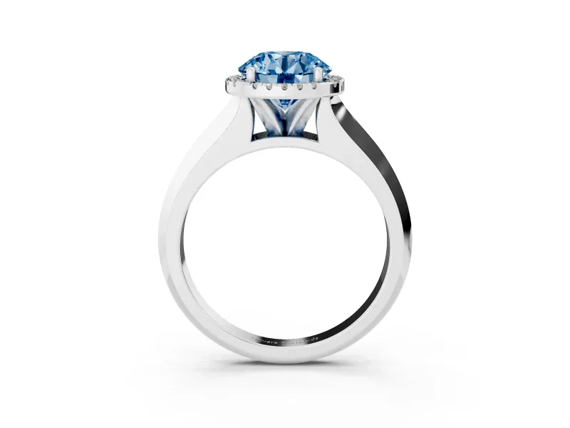 Fancy Blue Round Cut Diamond Halo Ring Set in White gold with Cathedral Band and Prong Setting