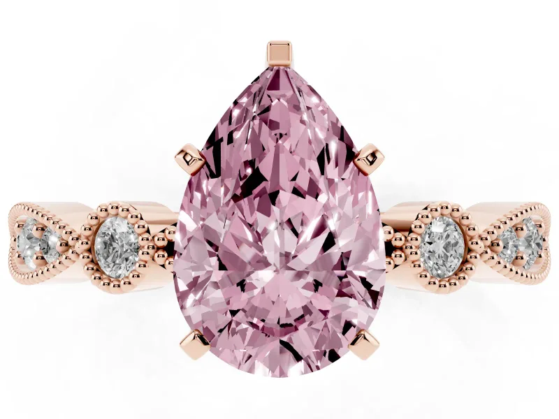 Fancy Pink Pear Cut Diamond Solitaire Engagement Ring Set in Rose gold with Milgrain Bezel Accent Band