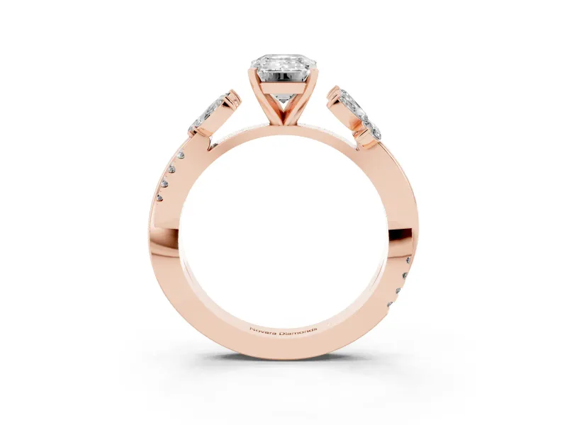 Emerald Cut Diamond Floral Vine Solitaire Engagement Ring Set in Rose gold with Marquise Leaves