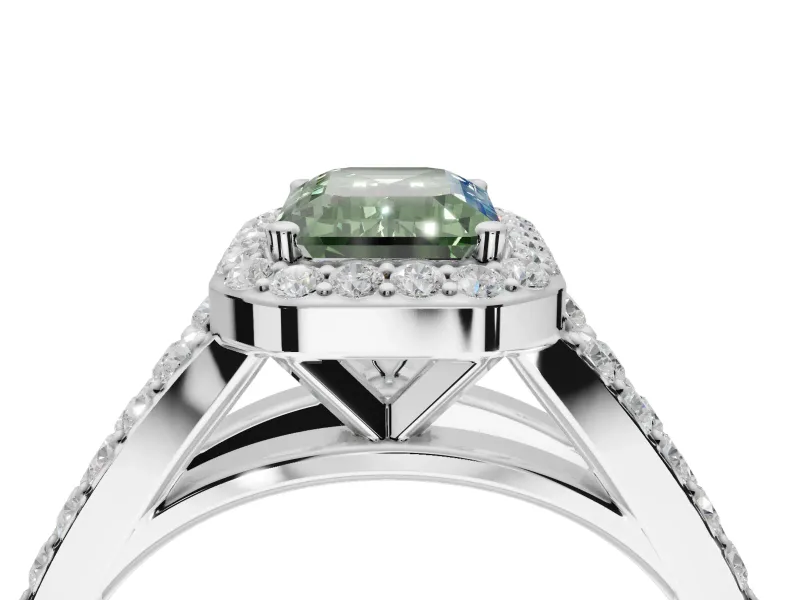 Emerald Cut Halo Pavé Engagement Ring Setting for a Fancy Green Lab-Grown Diamond | Narrow Split Shank | Sterling Silver