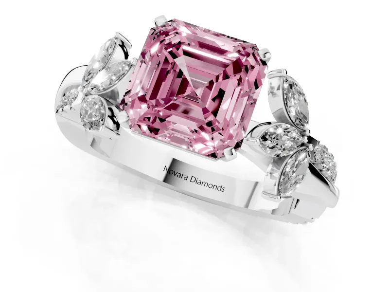 Fancy Pink Asscher Cut Diamond Floral Vine Solitaire Engagement Ring Set in Platinum with Marquise Leaves