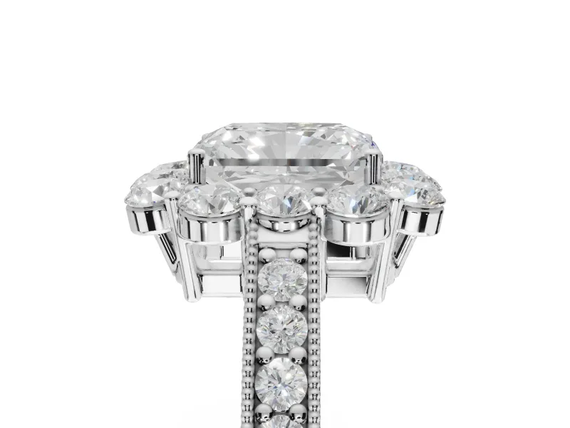Radiant Cut Vintage Halo Engagement Ring Setting | Milgrain Channel Band | Platinum