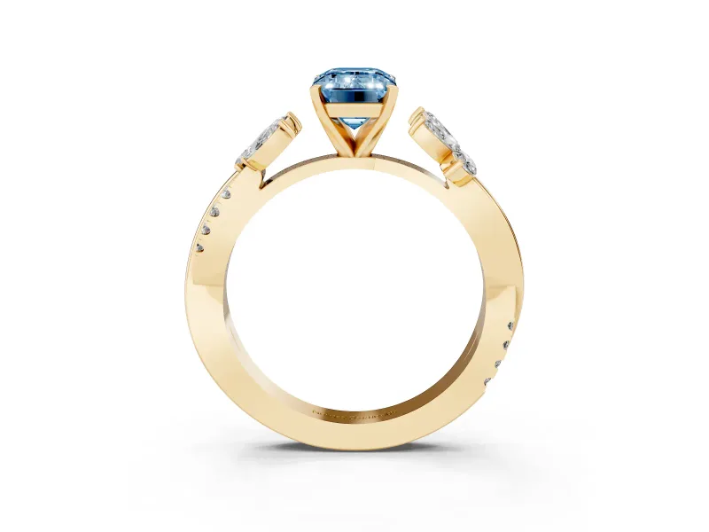 Fancy Blue Emerald Cut Diamond Floral Vine Solitaire Engagement Ring Set in Yellow gold with Marquise Leaves