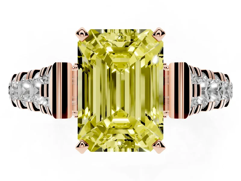Emerald Cut Graduated Cathedral Engagement Ring Setting for a Fancy Yellow Lab-Grown Diamond | Side Stones | Rose Gold