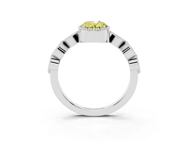 Fancy Yellow Oval Cut Diamond Vintage-Inspired Milgrain Ring Set in Platinum with Marquise Stations of Round Accents