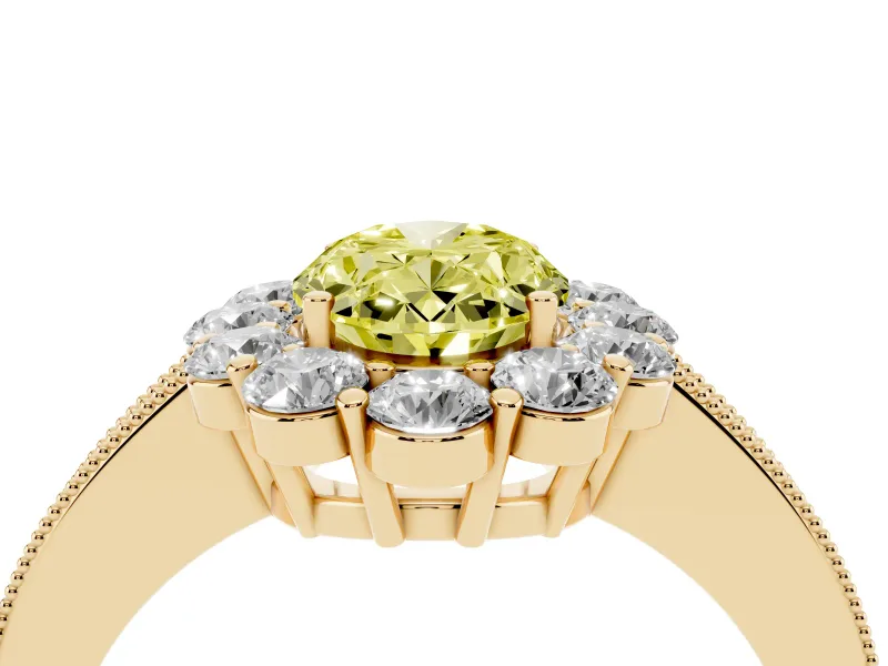 Oval Vintage Halo Engagement Ring Setting for a Fancy Yellow Lab-Grown Diamond | Milgrain Channel Band | Yellow Gold