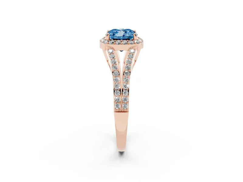 Cushion Cut Split Shank Halo Engagement Ring Setting for a Fancy Blue Lab-Grown Diamond | Rose Gold