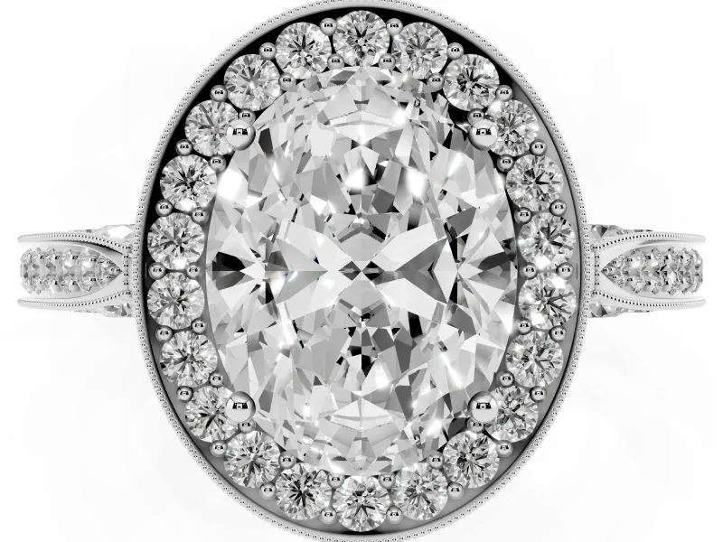 Oval Vintage Milgrain Halo Engagement Ring Setting | Side Stones and Pave | Platinum