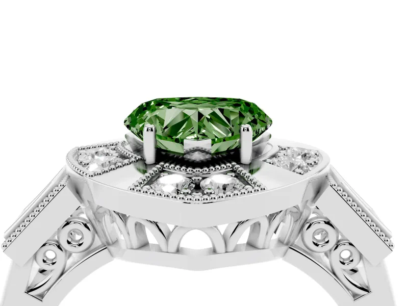 Fancy Green Heart Cut Diamond Milgrain Halo Ring Set in White gold with Split Shank