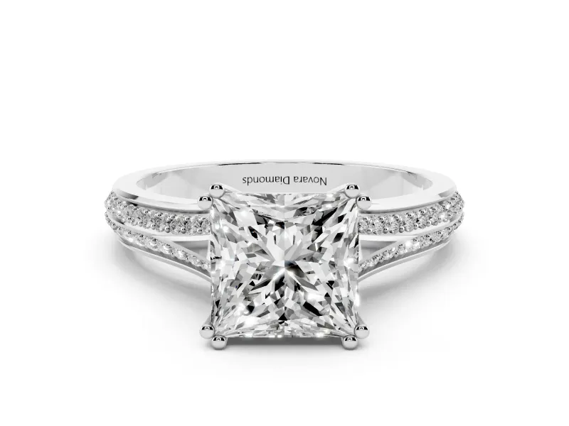 Princess Cut Diamond Split Shank Pavé Engagement Ring Set in Platinum with Prong-Set Center Stone