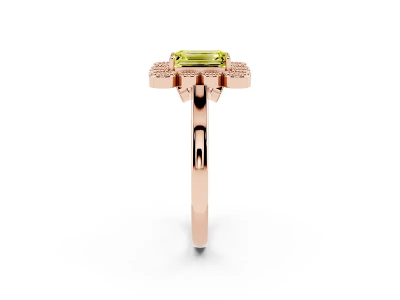 Emerald Cut Milgrain Cluster Halo Engagement Ring Setting for a Fancy Yellow Lab-Grown Diamond | Plain Band | Rose Gold