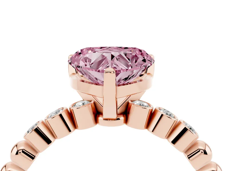 Fancy Pink Heart Cut Diamond Solitaire Engagement Ring Set in Rose gold with Bezel Accents on Beaded Band