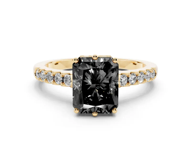 Fancy Black Radiant Cut Diamond Solitaire Engagement Ring Set in Yellow gold with Pavé Band and Prong Setting