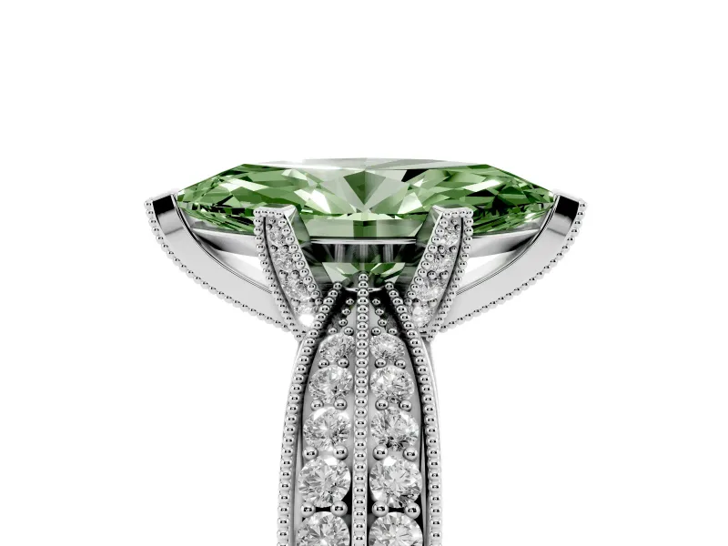 Fancy Green Marquise Cut Diamond Solitaire Ring Set in Silver with Milgrain Double Row Round Pavé Band