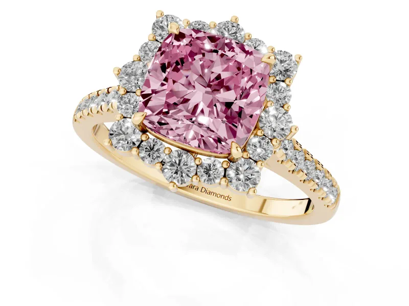 Cushion Cut Scalloped Halo Engagement Ring Setting for a Fancy Pink Lab-Grown Diamond | Single Row Pave | Yellow Gold