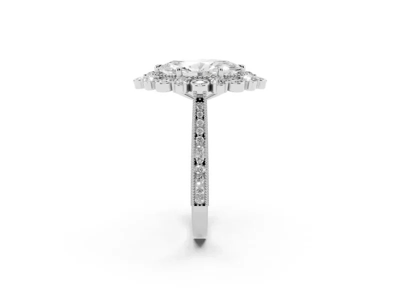 Marquise Vintage Scalloped Halo Engagement Ring Setting | Milgrain Pavé Band | Sterling Silver