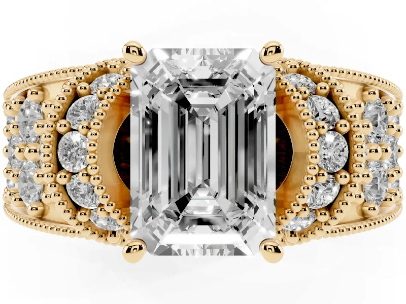 Emerald Cut Vintage Milgrain Pave Engagement Ring Setting | Crescent Side Rows | Yellow Gold