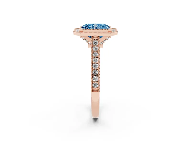 Radiant Cut Vintage Milgrain Halo Engagement Ring Setting for a Fancy Blue Lab-Grown Diamond | Bezel Head | Rose Gold