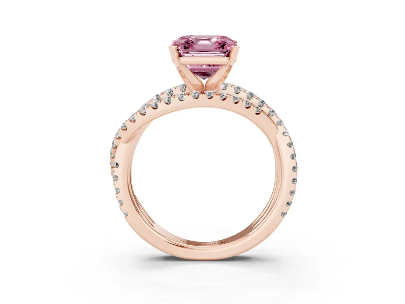 Fancy Pink Asscher Cut Diamond Solitaire Twist Band Ring Set in Rose gold with Pavé Setting and Prong Head