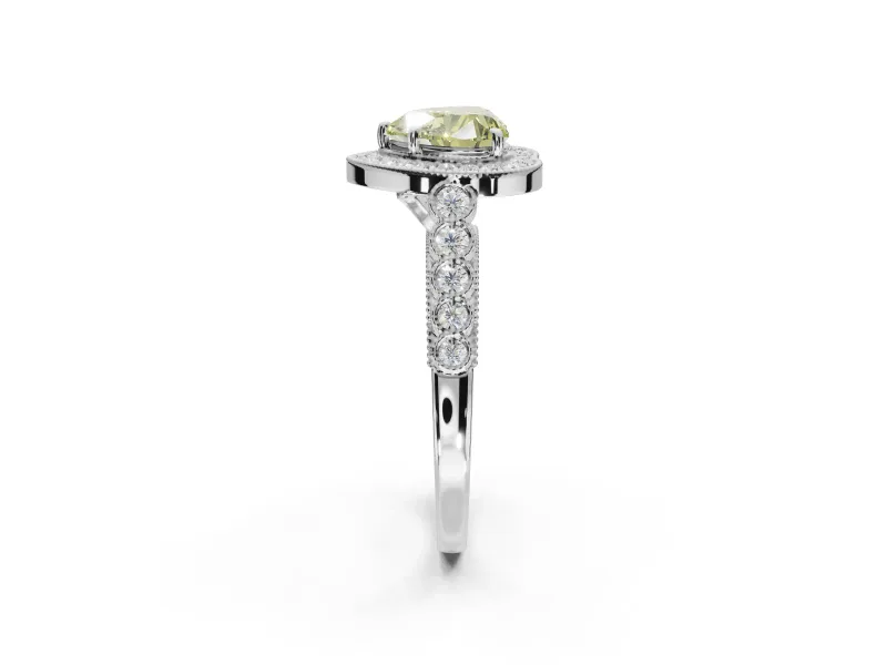Canary Yellow Heart-Shaped Lab-Grown Diamond Milgrain Halo Solitaire Ring Set in Sterling Silver with Bezel Set Side Stones and Pavé Band