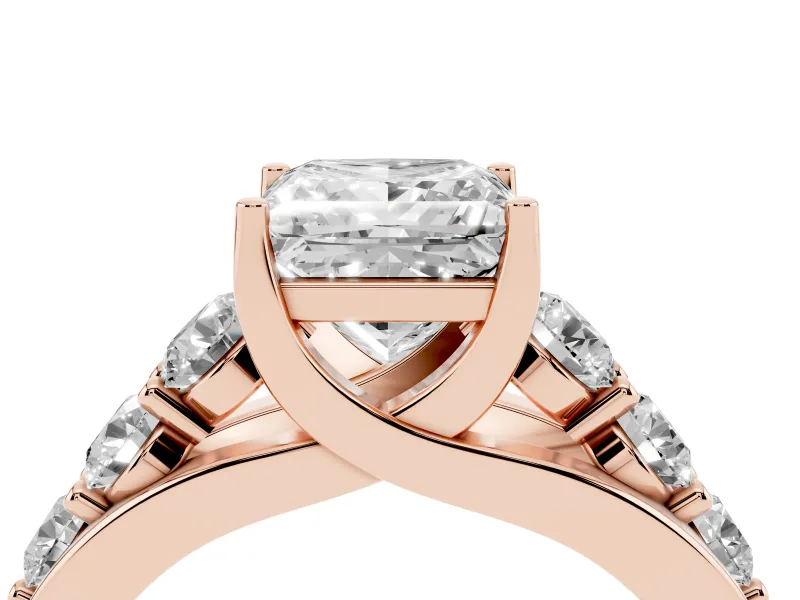 Princess Cut Graduated Side Stone Engagement Ring Setting | Shared Prong Rails | Rose Gold