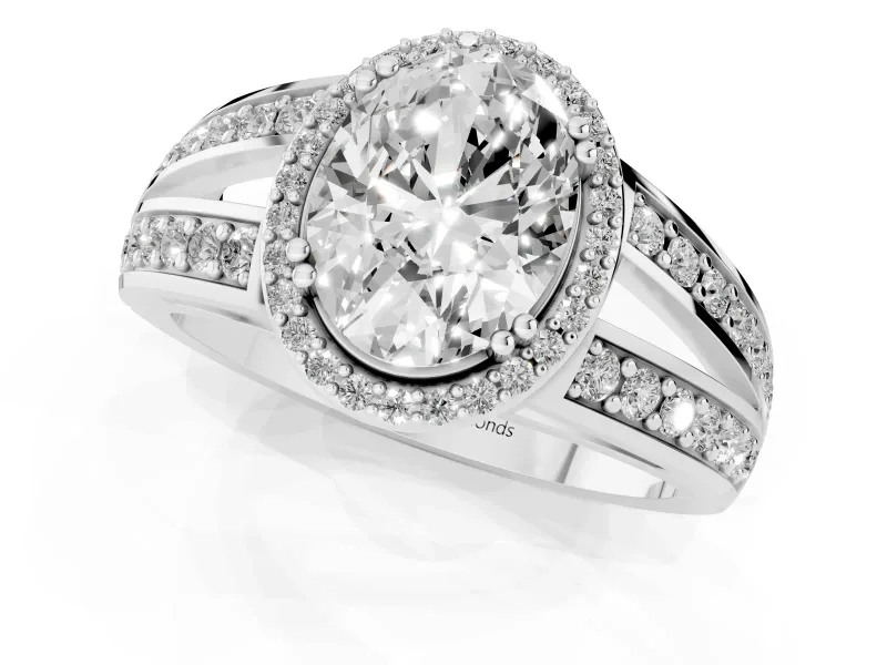 Oval Cut Diamond Halo Ring Set in Platinum with Double Pavé Split Shank