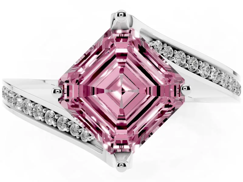 Asscher Cut Bypass Pavé Engagement Ring Setting for a Fancy Pink Lab-Grown Diamond | Swept Shoulders | Sterling Silver