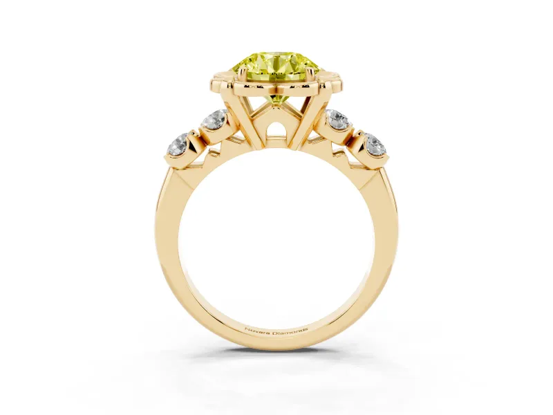 Round Floral Engagement Ring Setting for a Fancy Yellow Lab-Grown Diamond | Petal Frame and Side Stones | Yellow Gold