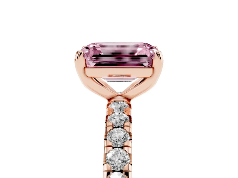 Fancy Pink Emerald Cut Diamond Pavé Solitaire Ring Set in Rose gold with Round Band and Prong Setting