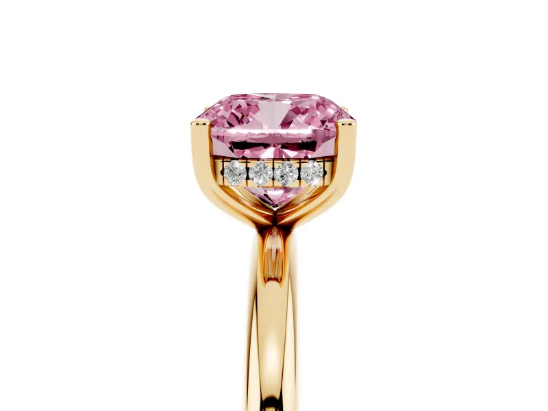 Fancy Pink Cushion Cut Diamond Solitaire Engagement Ring Set in Yellow gold with Prong Setting and Polished Band