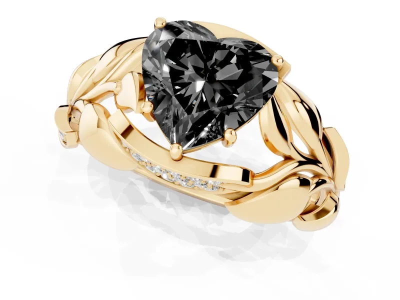 Heart-Shaped Leaf Bypass Engagement Ring Setting for a Black Center | Sculpted Leaves | Yellow Gold