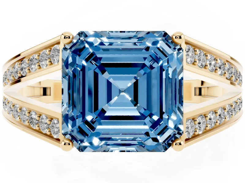 Fancy Blue Asscher Cut Diamond Split Shank Ring Set in Yellow gold with Pavé Band and Prong Setting