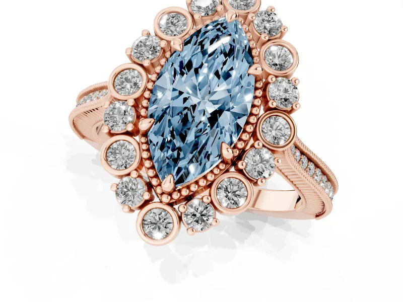 Marquise Scalloped Halo Engagement Ring Setting for a Fancy Blue Lab-Grown Diamond | Milgrain Edges | Rose Gold