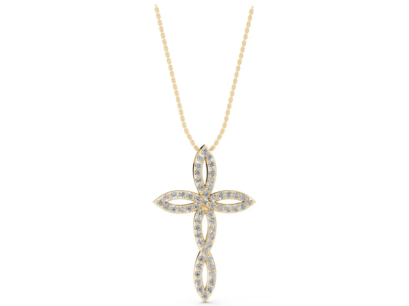 Round Lab-Grown Diamond Pavé Cross Pendant Necklace | Open Marquise Arms | Yellow Gold