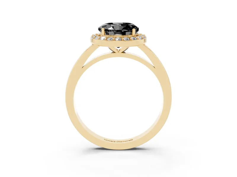Round Thin Halo Engagement Ring Setting for a Black Center | Slim Plain Band | Yellow Gold