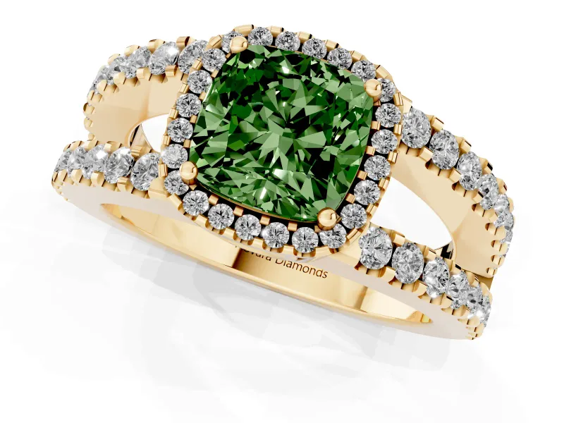 Fancy Green Cushion Cut Diamond Halo Ring Set in Yellow gold with Pavé Split Shank and Prong Setting
